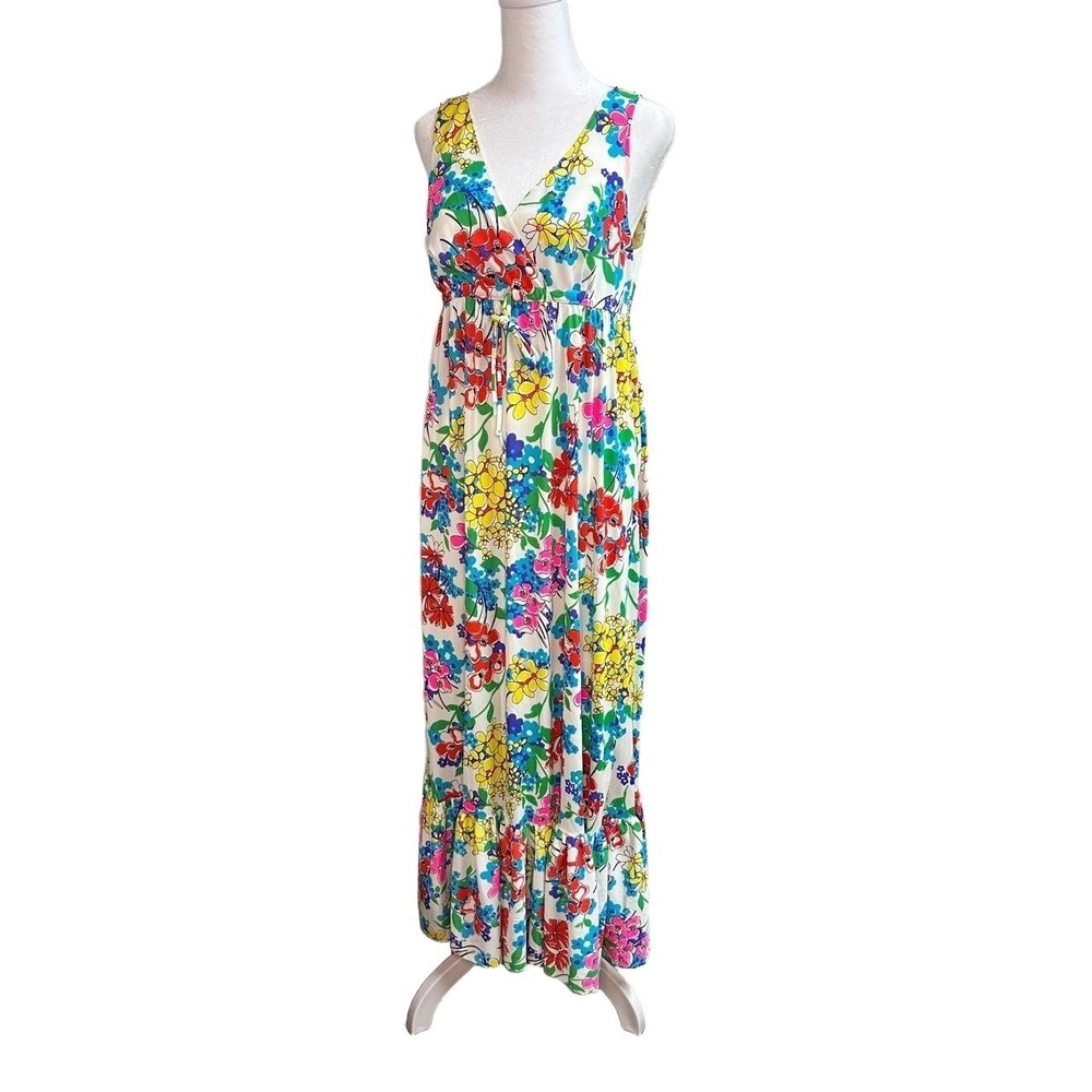 Saramal Lingerie Vintage‎ 70s Floral Maxi Dress Sleeveless Multi Color Small